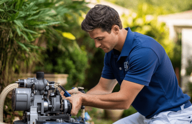 man checking pool filter