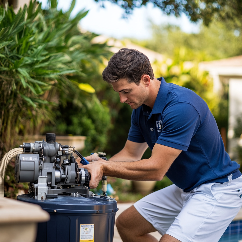 man checking pool filter